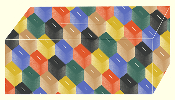 Abstract illustration showing many different colored ballot boxes combining to form one large ballot box