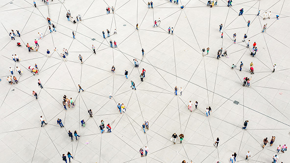 Aerial view of crowd connected by lines 