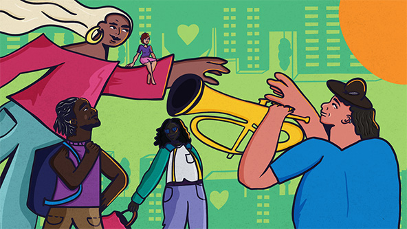 Diverse group of people standing together. One person is playing a trumpet.
