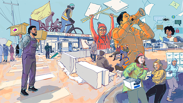 A hand-drawn collage illustration of scenes from the Minneapolis response to Operation Metro Surge, including a person yelling into a bullhorn, a meeting of activists, a group of cyclists, and community members carrying boxes of supplies.