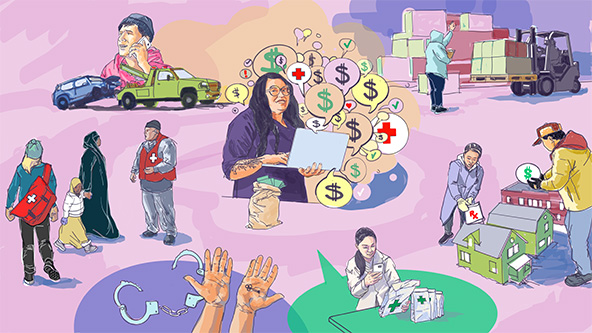 Hand-drawn collage illustration with scenes of people sharing aid and support to neighbors; delivering prescriptions and rental assistance; woman with laptop collecting donations; forklift carrying boxes; medical team helping woman and child