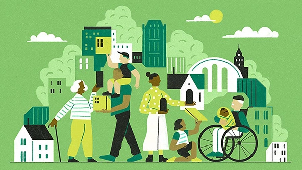 Older people, younger people, infant, and person in a wheelchair 