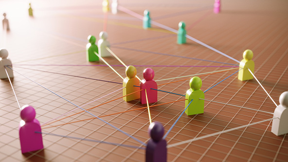 multi-colored abstract people icons connected by string