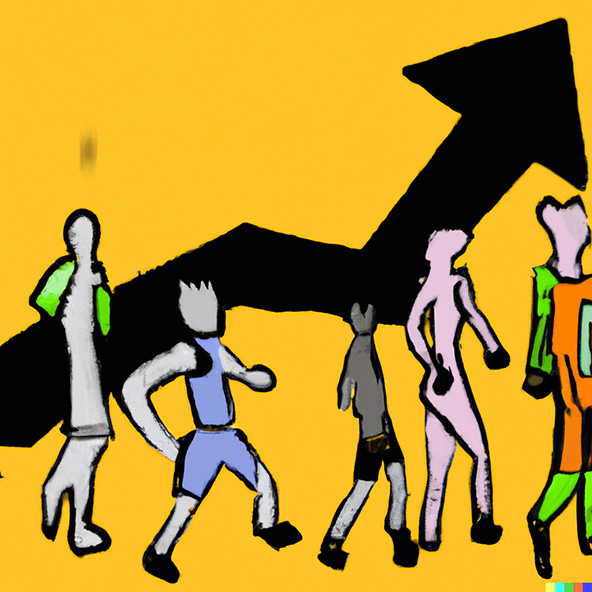 Figures walking in front of an arrow pointing upward