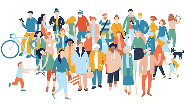 Group of different people in community on white background