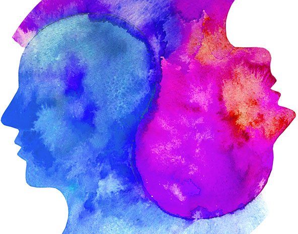 watercolor image of two heads, one blue tones one pink tones