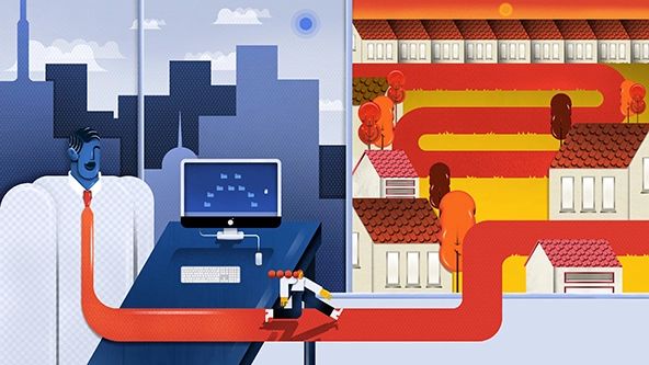 A business person leaves the office for a bright exterior environment