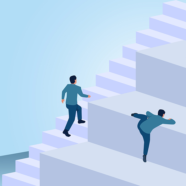 A man climbs a small stairs while another climbs large stairs