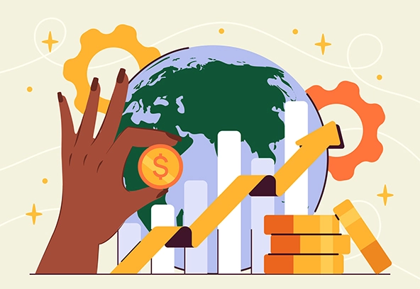 Hand with golden coins near planet. Graphs and diagrams