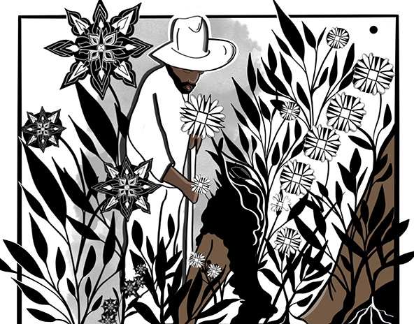 Man leaning over in a garden to tend to plants