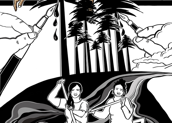 Two women in a canoe on a river with trees in the background