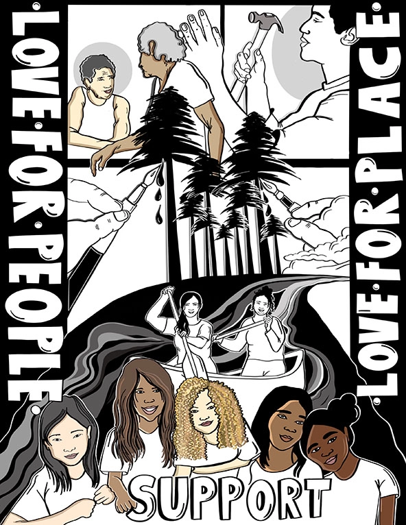 Poster with diverse people, two women in a canoe on a river with trees in the background and the words 