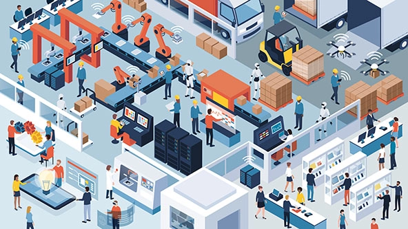 Automated production line, workers, packages on pallets, robots and machinery