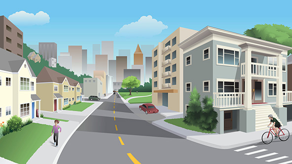 A street corner in a mixed residential neighborhood near town