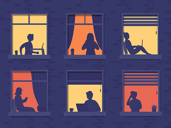 People in apartment windows work on laptop, talk on phone, read books, running on treadmill.