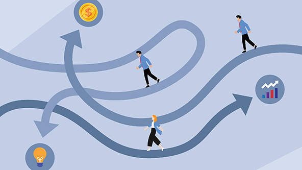 people walking on arrows away from growth chart