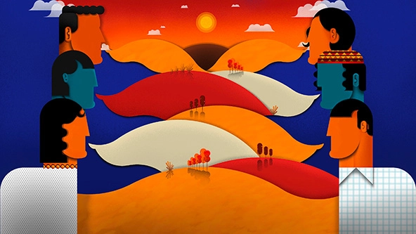 Figures talking together through speech bubbles that are part of the landscape