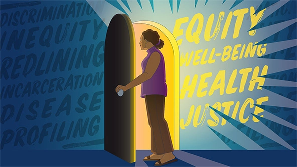 Woman opens a door with light pouring out and overcoming the darkness