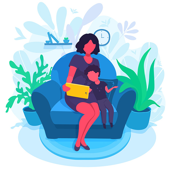 woman holding tablet sitting next to young child in chair