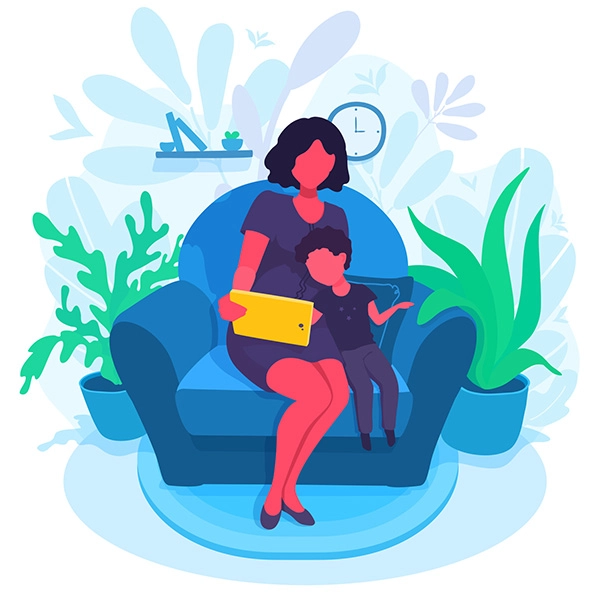 woman holding tablet sitting next to young child in chair