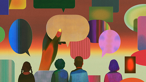 figures sitting and watching speech bubbles floating in air