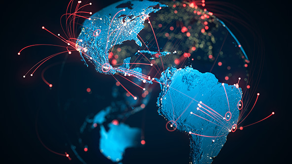 globe showing global flight patterns and spread of pandemic