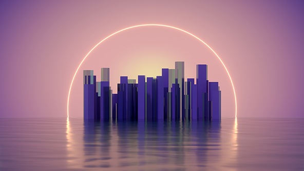 Buildings under a shining arch