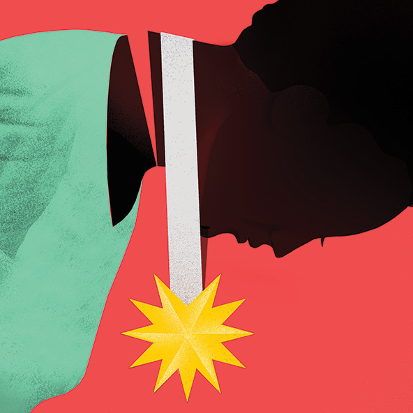 Hero wearing medal with head detached from body; referencing exploitation of heroes explained in article