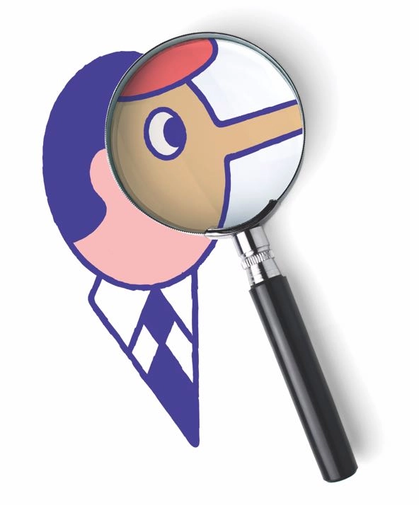 illustration of magnifying lens over human face with elongated nose
