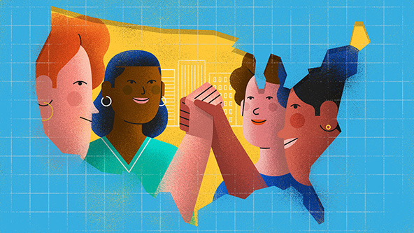 Outline of a map of the United States with four people lifting up clasped hands in the middle.