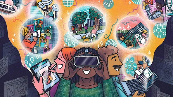 Technolgists with tablet, VR goggles, laptop, looking up at thought bubbles with scenes of tech at work in communities.