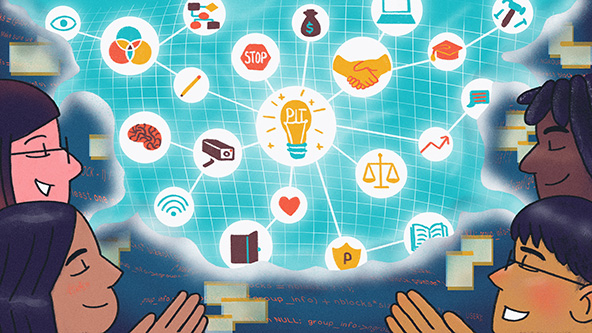 Diverse technologists on standing around a large thought bubble with interconnecting symbols of technology and society