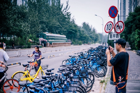 A person standing next to a street sign and a row of bicycles