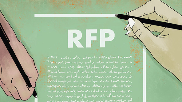 Two hands holding pens and writing on a page with the letters RFP