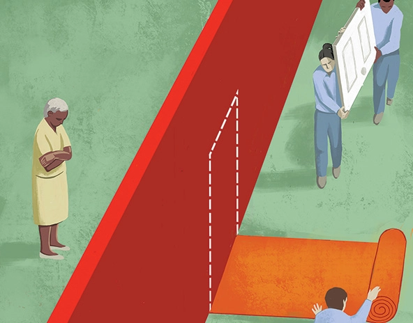 Woman standing on one side of a wall; people on the other side are putting down a welcome mat and bringing a door to add to the wall.