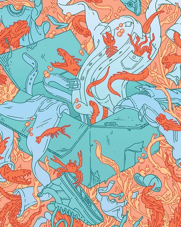 A box and clothing floating in an underwater background with sea animals and fish skeletons