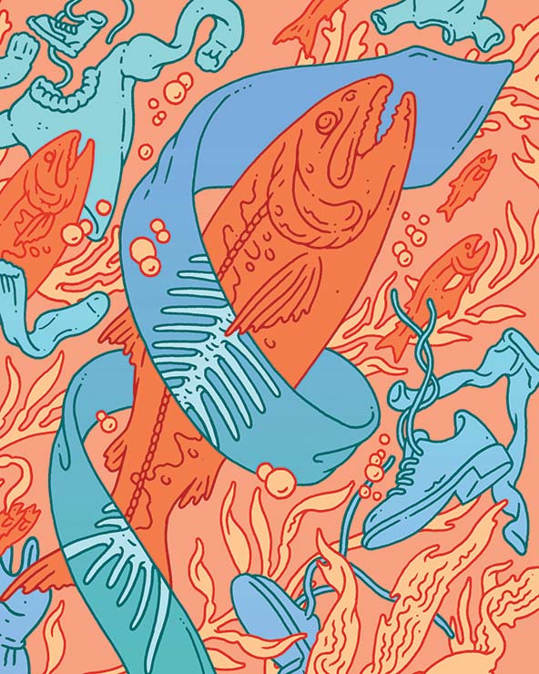 A tie wrapped around a salmon in an underwater scene