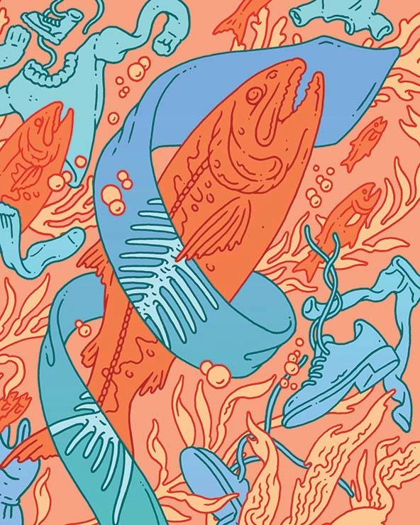 A tie wrapped around a salmon in an underwater scene