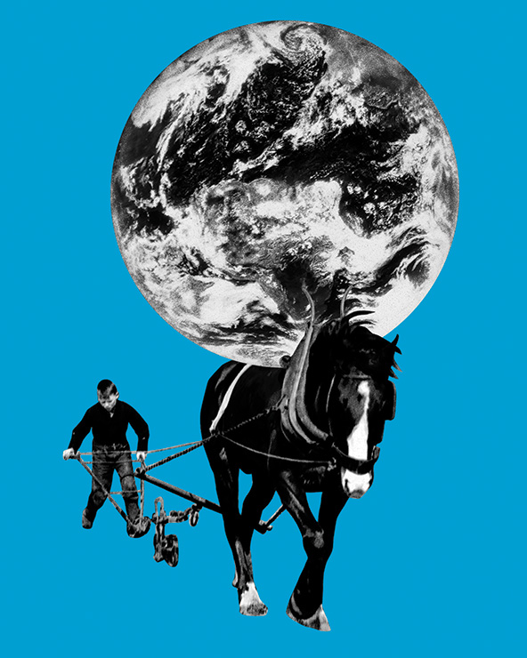Collage of boy driving a horse-driven plow; a globe balancing on the horse's back