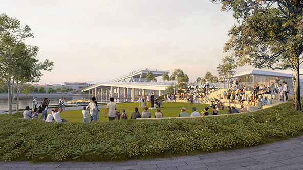 people in a public park with an amphitheater