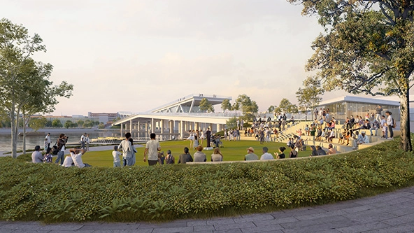 people in a public park with an amphitheater