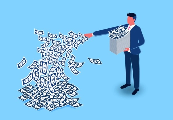 illustration of a man in suit swiping dollar bills from a large stack onto the ground