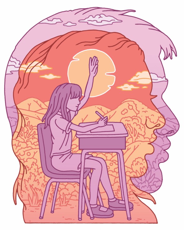 drawing of a profile of a human head with an image of a student at a desk inside the head