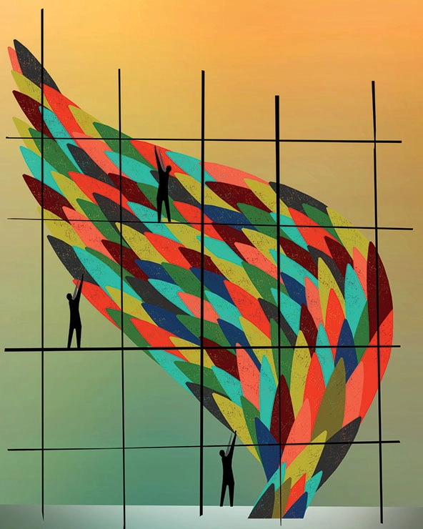 illustration of multi-colored leaves or wisps of flame in a spiral shape