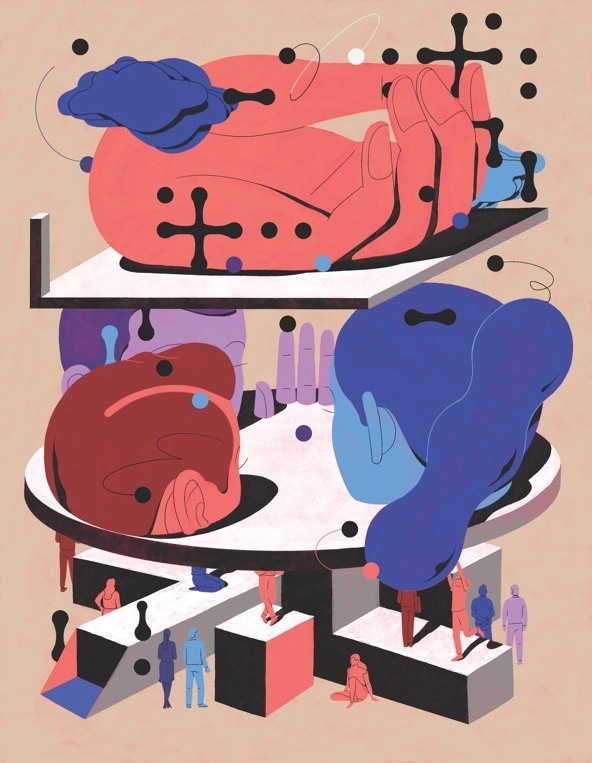 illustration of giant human heads and hands and figures walking around platforms and cubes