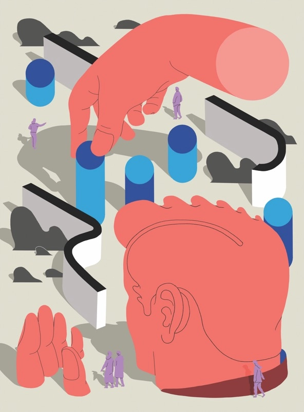 illustration of large human head and hand moving geometric shapes around