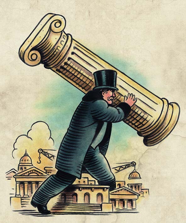 illustration of a rich man in a tophat carrying a grecian pillar of a building