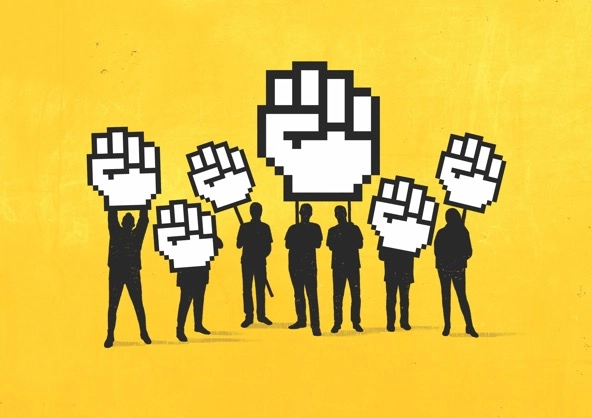illustration of shadow figures with large fists indicating protest above their heads