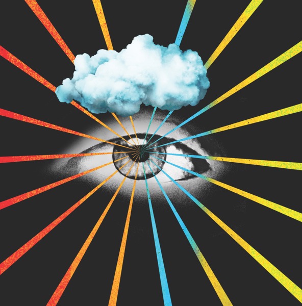 illustration of an eye beneath a cloud with rays of multicolored light emanating from the eye
