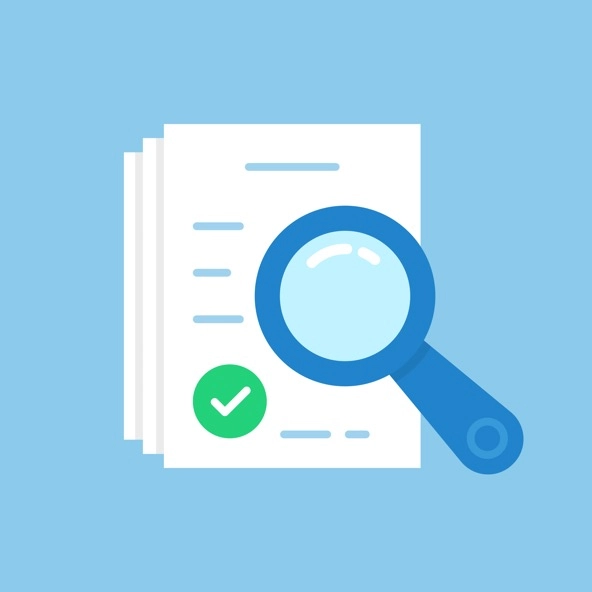 illustration of a magnifying lens held over papers with a green checkmark on them